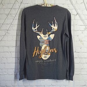 Simply Southern Heather Gray Buck Deer Southwest Print Graphic Long Sleeve Top S